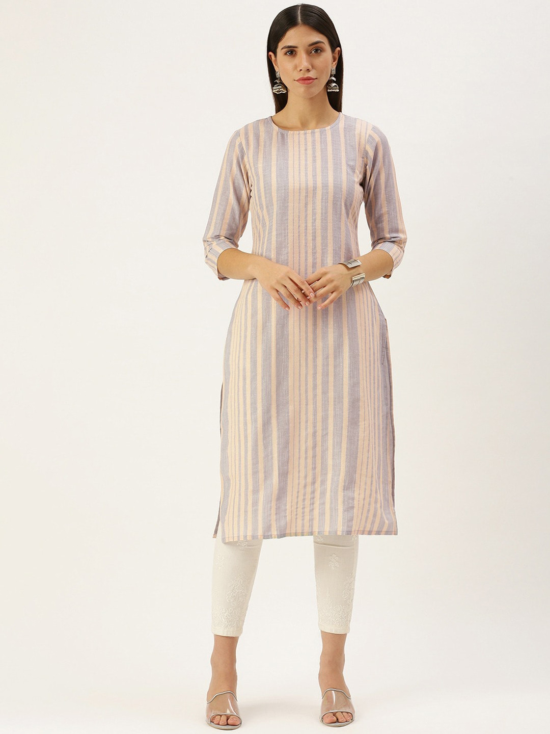 

Saanjh Grey & Beige Striped Printed Round Neck Straight Kurta