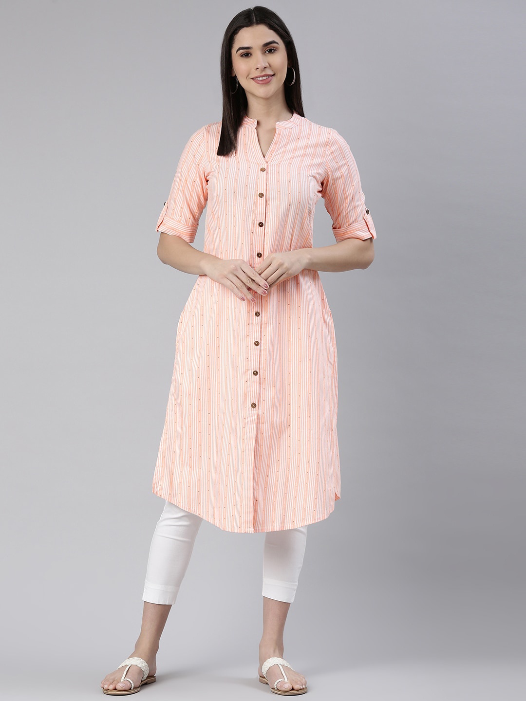 

Saanjh Peach Coloured & White Striped Sequined Thread Work Straight Kurta