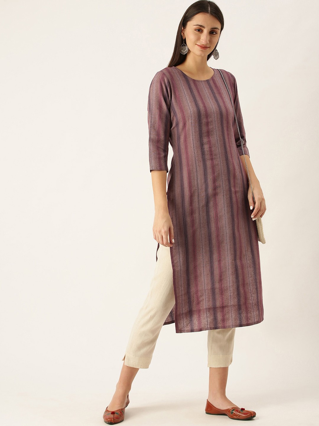 

Saanjh Pink & Brown Striped Round Neck Straight Kurta