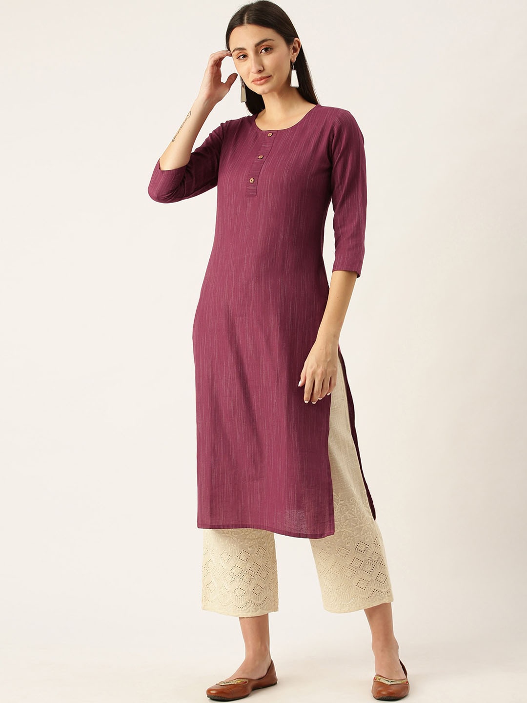 

Saanjh Burgundy Striped Round Neck Straight Kurta