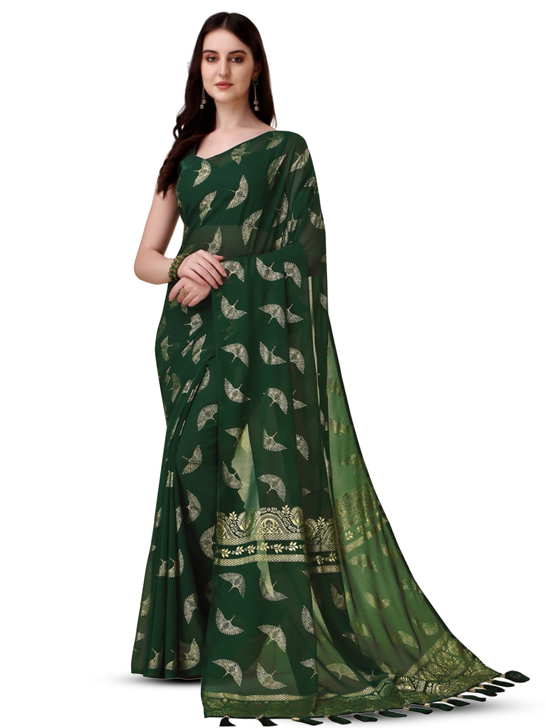 

Marabout Woven Design Printed Banarasi Zari Saree, Green