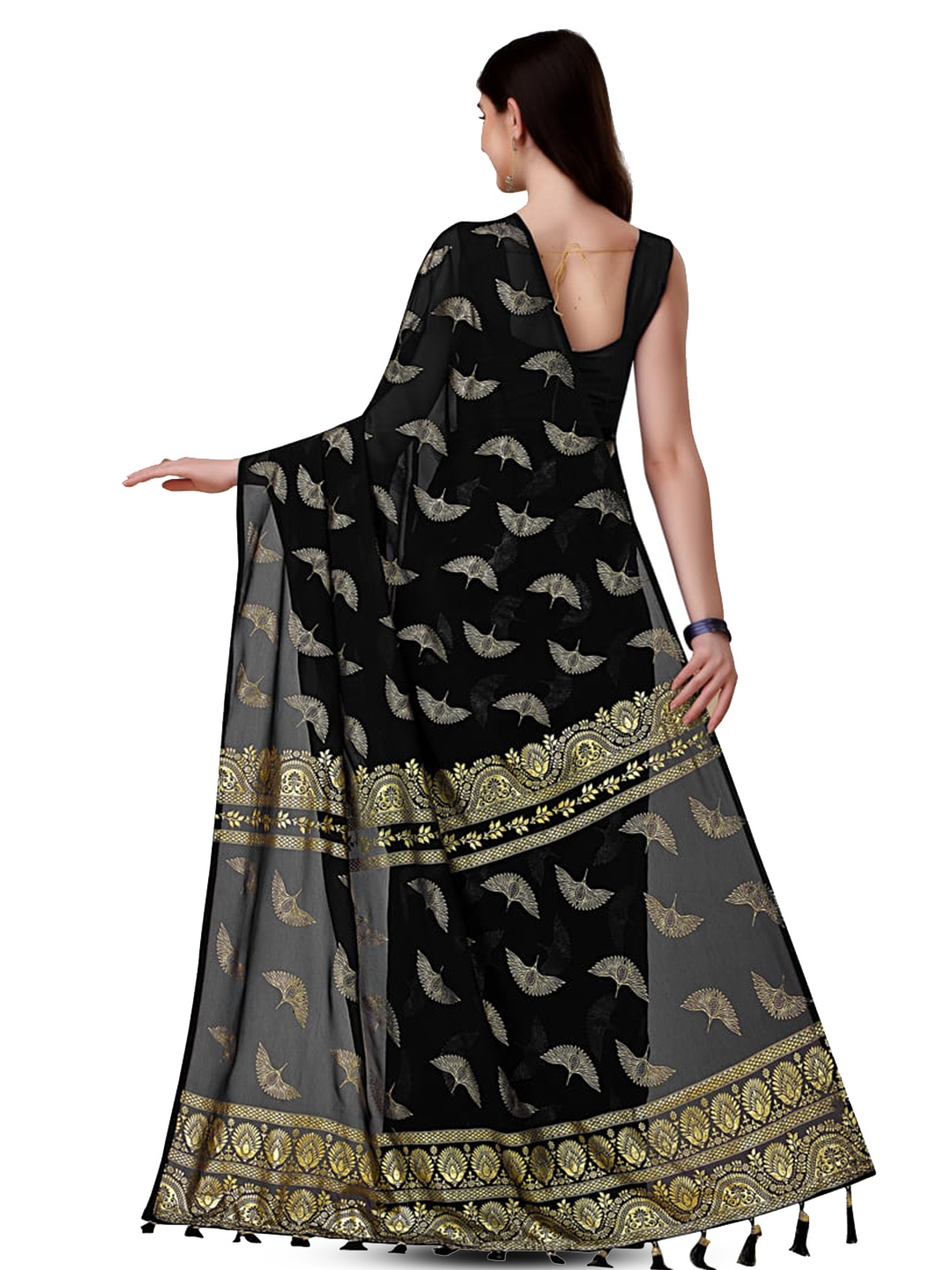 

Marabout Woven Design Printed Banarasi Zari Saree, Black