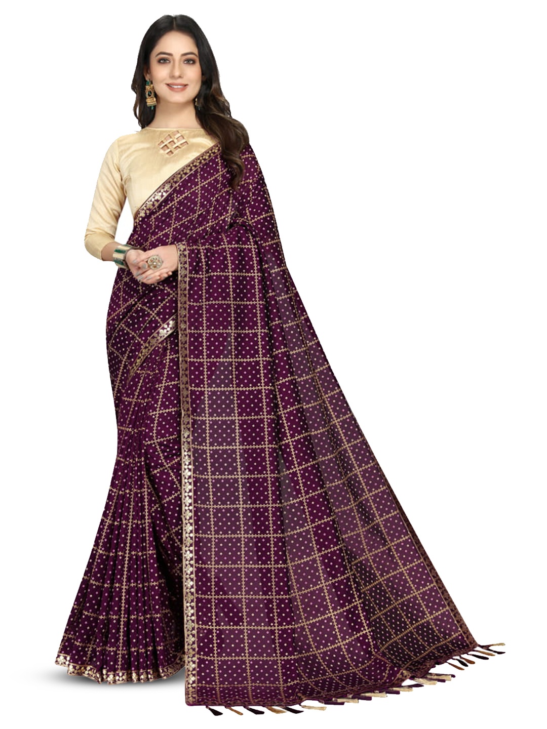 

Marabout Checked Woven Design Banarasi Saree, Purple