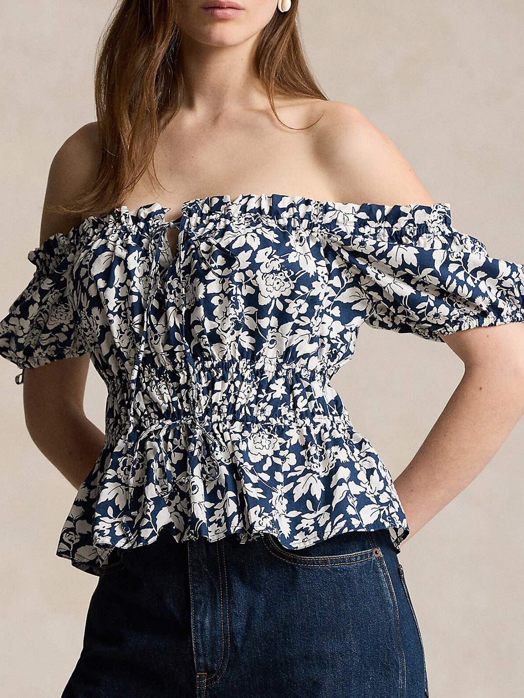 

Polo Ralph Lauren Floral Printed Cotton Peplum Top, Navy blue