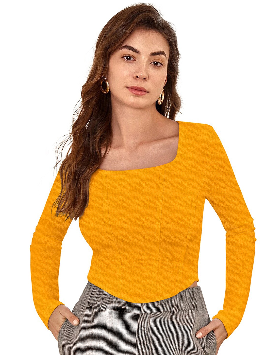 

Sanwariya Silk Square Neck Long Sleeves Top, Yellow