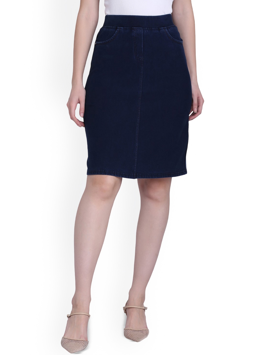 

SPIFFY Denim Straight Knee Length Skirt, Blue