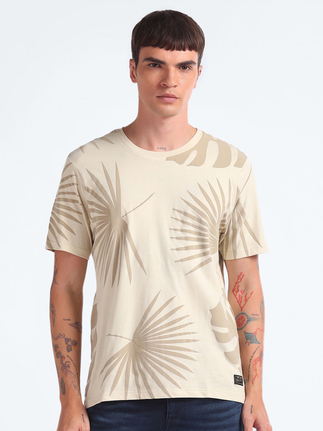 

Flying Machine Tropical Printed Pure Cotton T-shirt, Beige