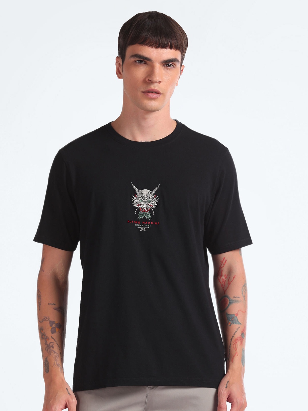 

Flying Machine Graphic Printed Pure Cotton T-shirt, Black
