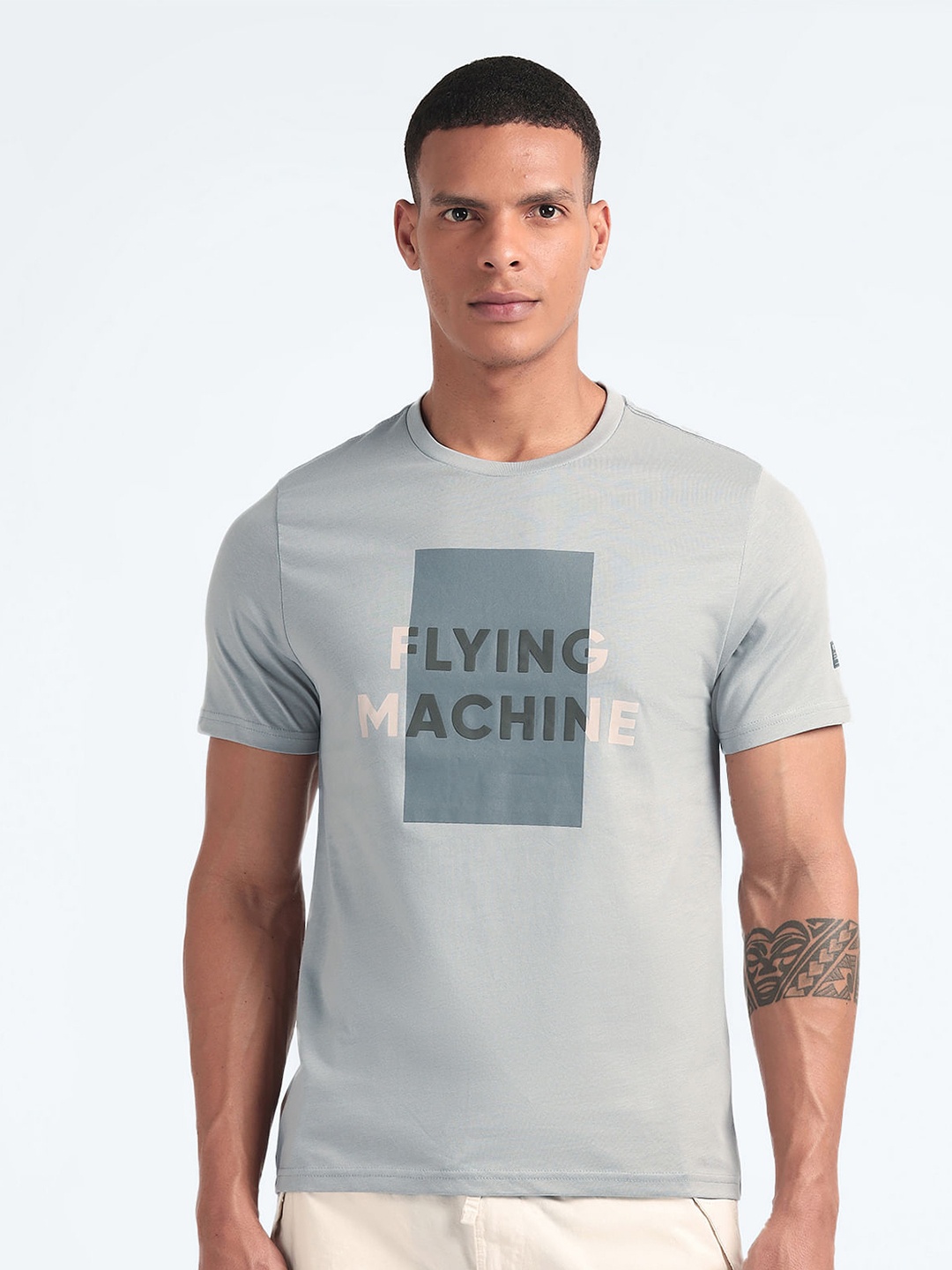 

Flying Machine Typography Printed Pure Cotton T-shirt, Grey