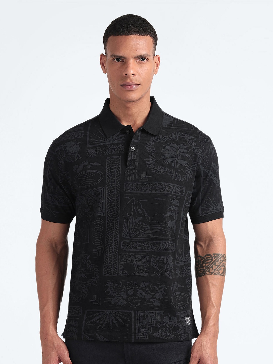 

Flying Machine Tropical Printed Relaxed Fit Polo Collar Pure Cotton T-shirt, Black