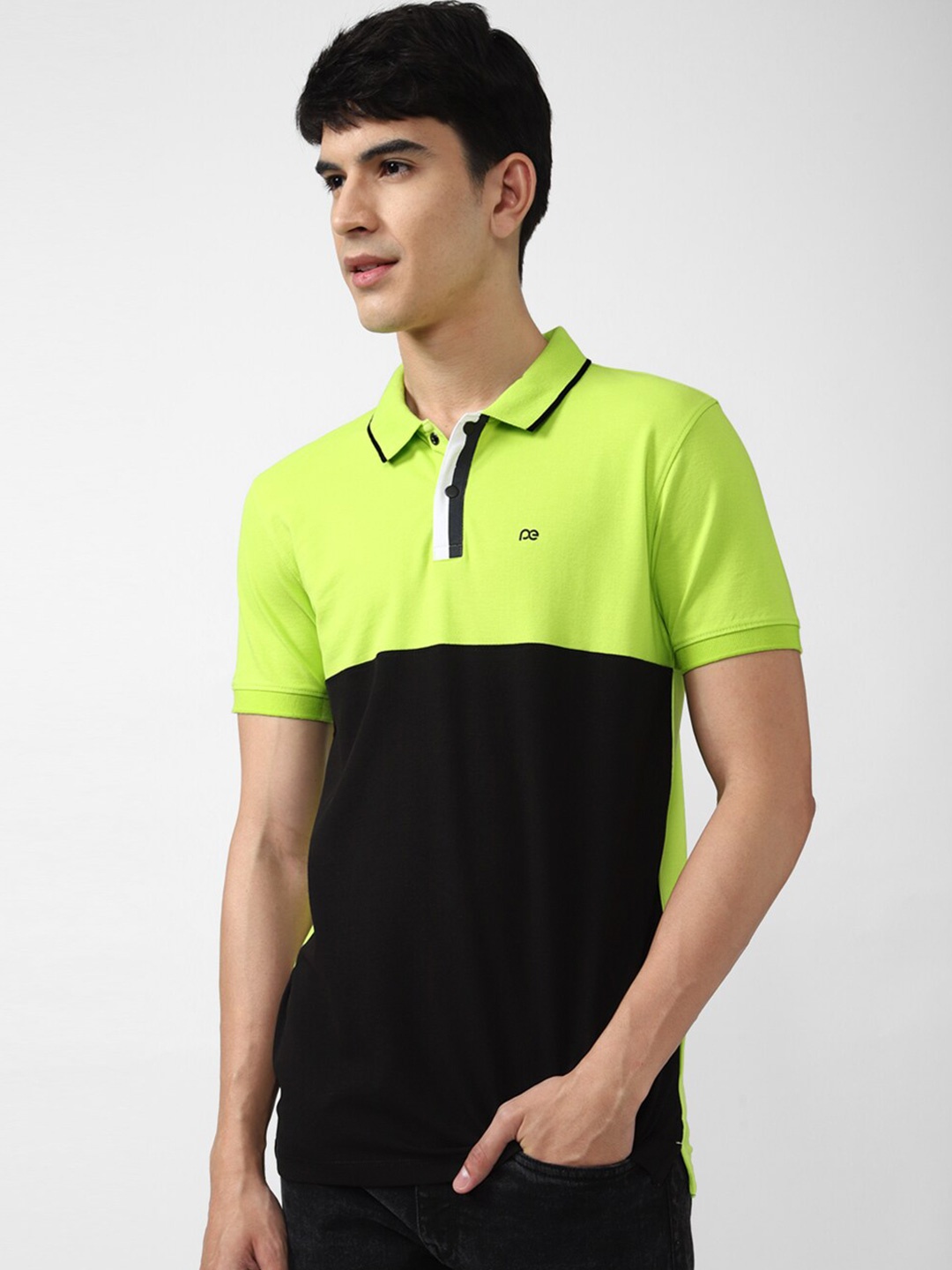 

Peter England Casuals Colourblocked Polo Collar Slim Fit Cotton T-shirt, Green