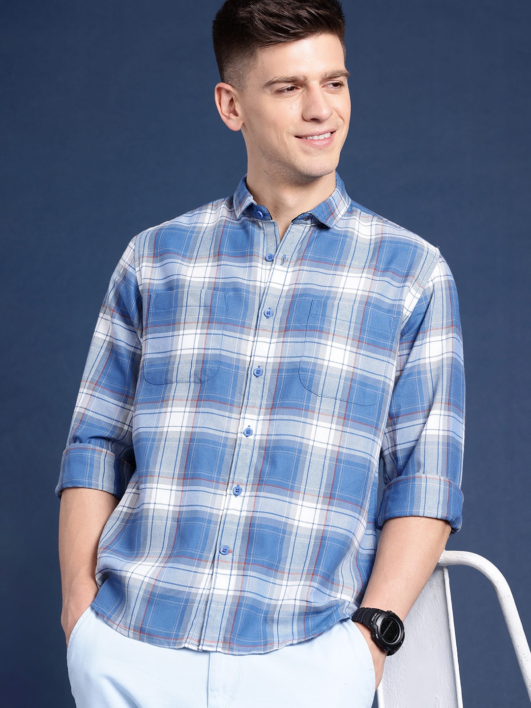 

Mast & Harbour Men Slim Fit Checked Casual Shirt, Blue