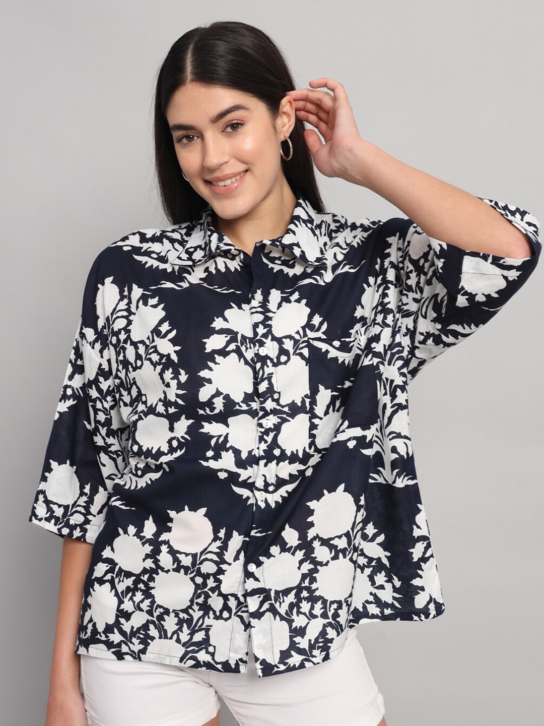 HANDICRAFT PALACE Comfort Oversized Floral Printed Pure Cotton Casual Shirt, Navy blue