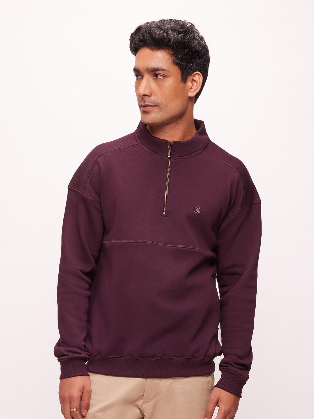 

Bombay High Men Regular Fit Half Zip Neck Solid Knit Sweatshirt, Maroon