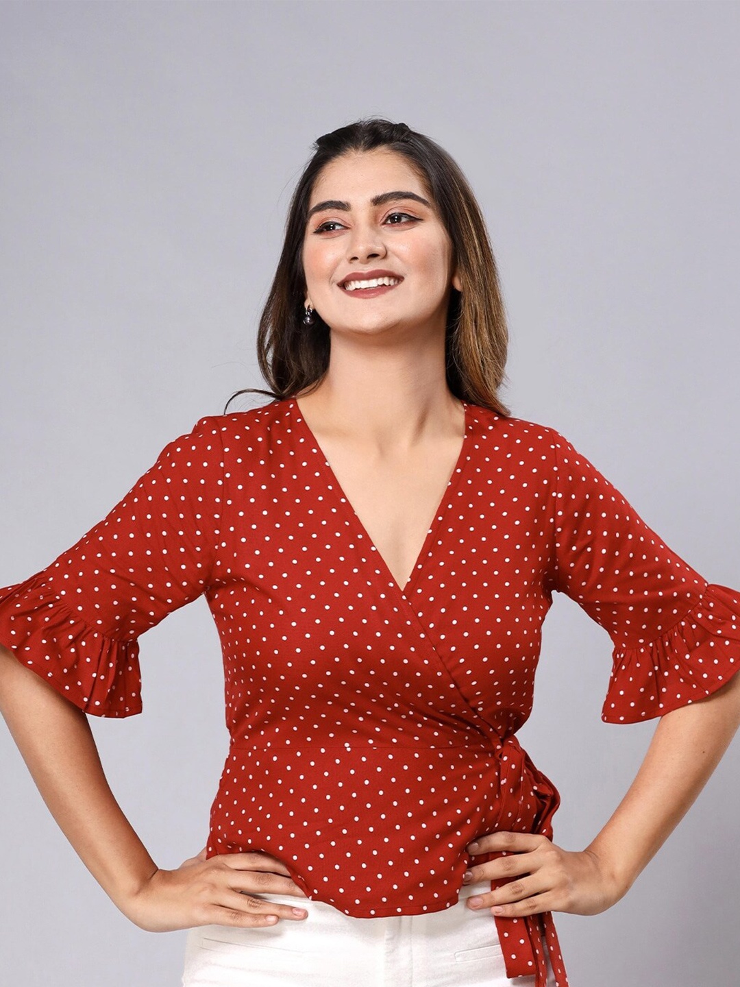 

Fab Star Polka Dot Print Bell Sleeve Cotton Wrap Top, Maroon