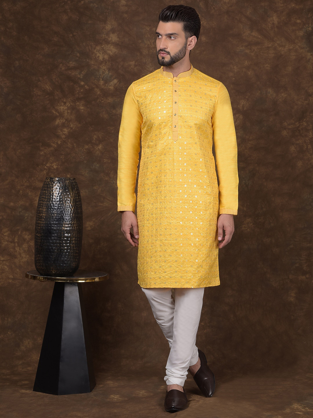 

HOUSE OF DEYANN Sequin Embroidered Regular Dupion Silk Kurta With Churidar, Yellow