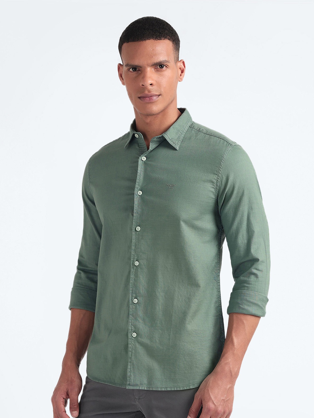 

Flying Machine Slim Fit Spread Collar Pure Cotton Casual Shirt, Green