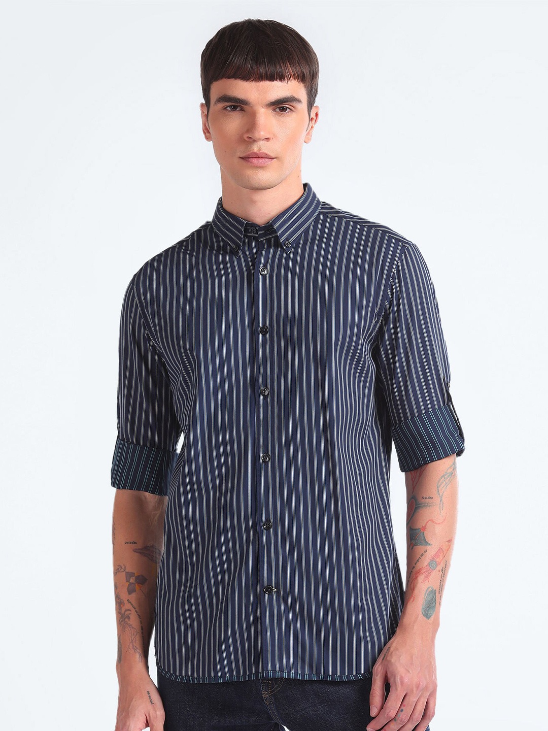 

Flying Machine Slim Fit Striped Twill Pure Cotton Casual Shirt, Navy blue