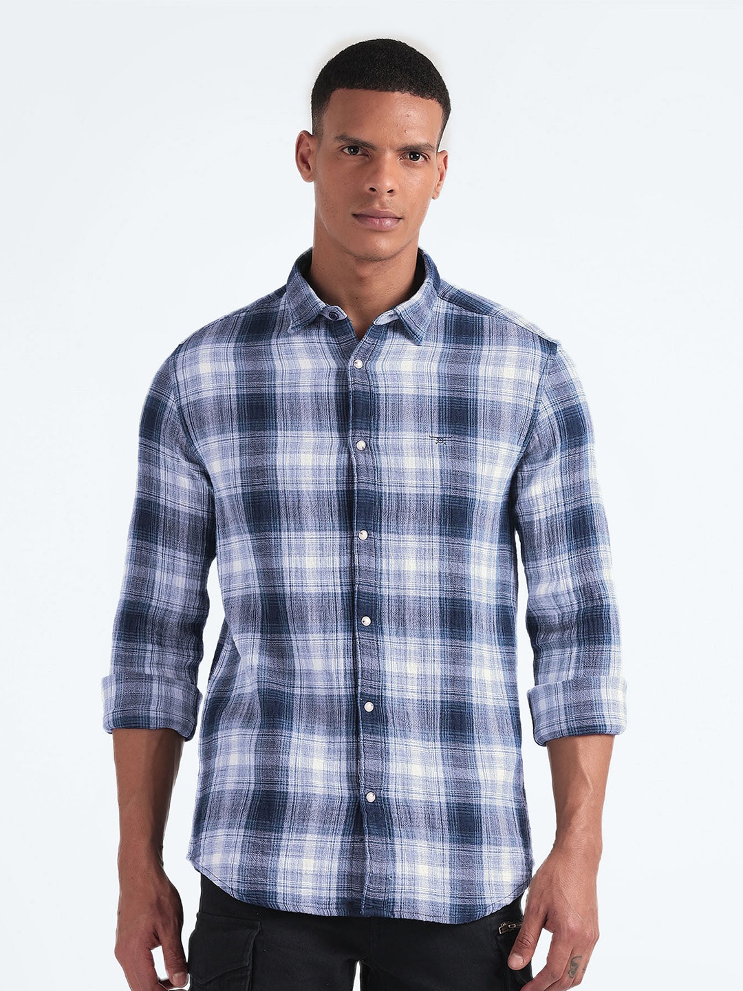 

Flying Machine Slim Fit Tartan Checked Pure Cotton Casual Shirt, Blue