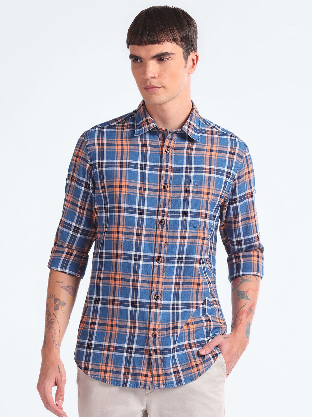 

Flying Machine Slim Fit Checked Pure Cotton Casual Shirt, Orange