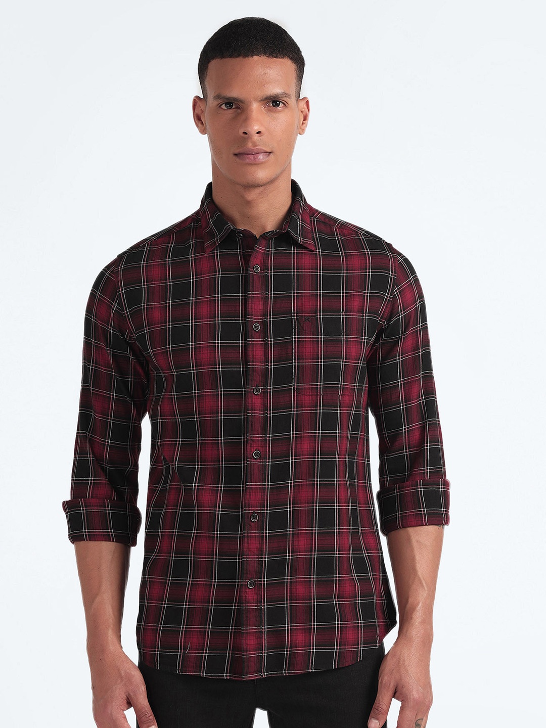 

Flying Machine Slim Fit Tartan Checked Twill Pure Cotton Casual Shirt, Red