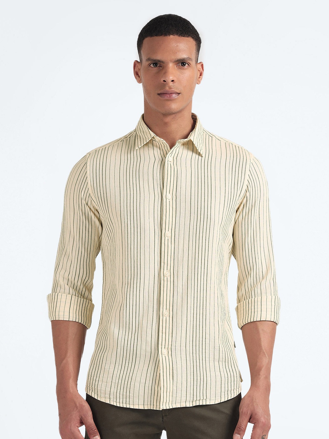 

Flying Machine Slim Fit Striped Long Casual Shirt, White