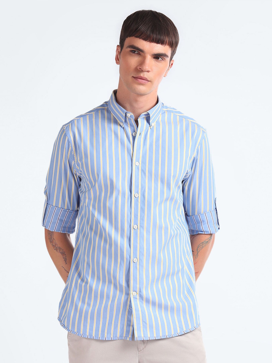 

Flying Machine Slim Fit Striped Pure Cotton Casual Shirt, Blue