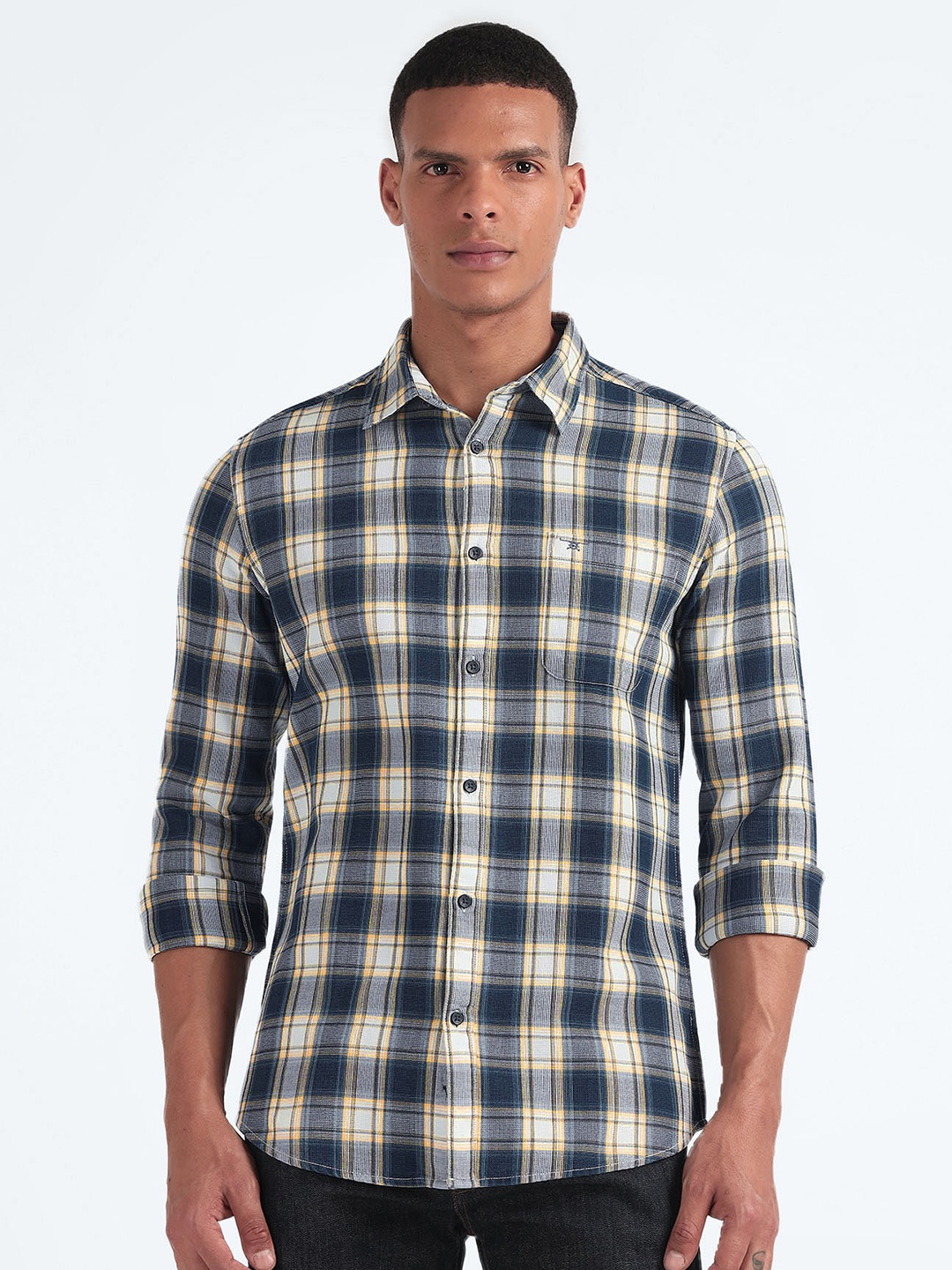 

Flying Machine Slim Fit Tartan Checked Dobby Pure Cotton Casual Shirt, Navy blue