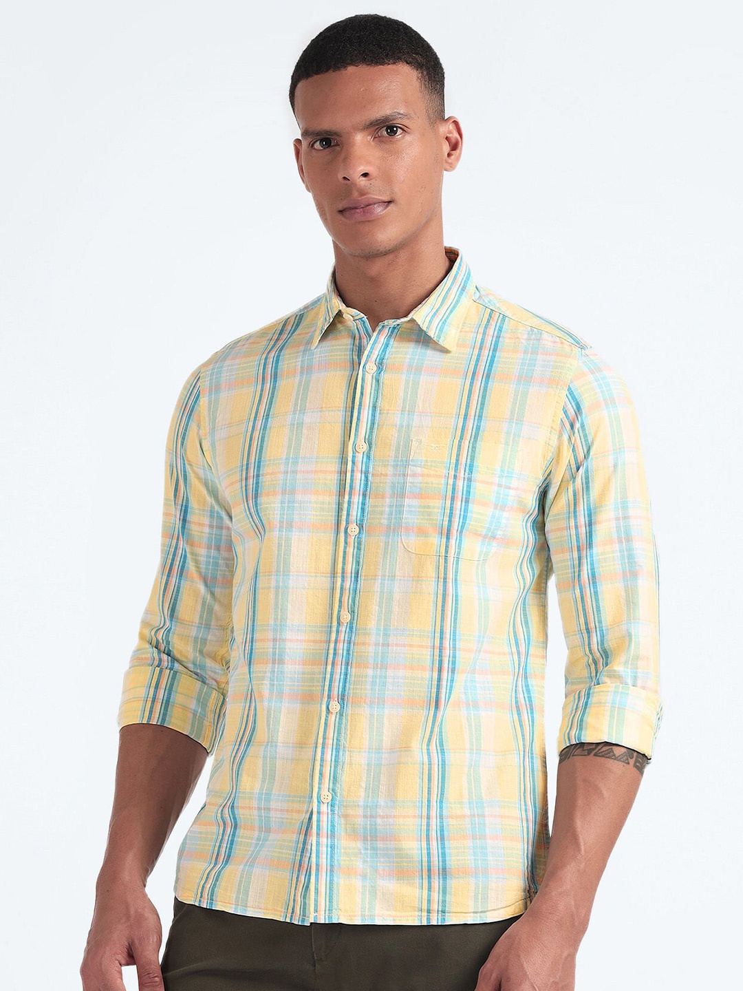 

Flying Machine Slim Fit Checked Pure Cotton Casual Shirt, Yellow