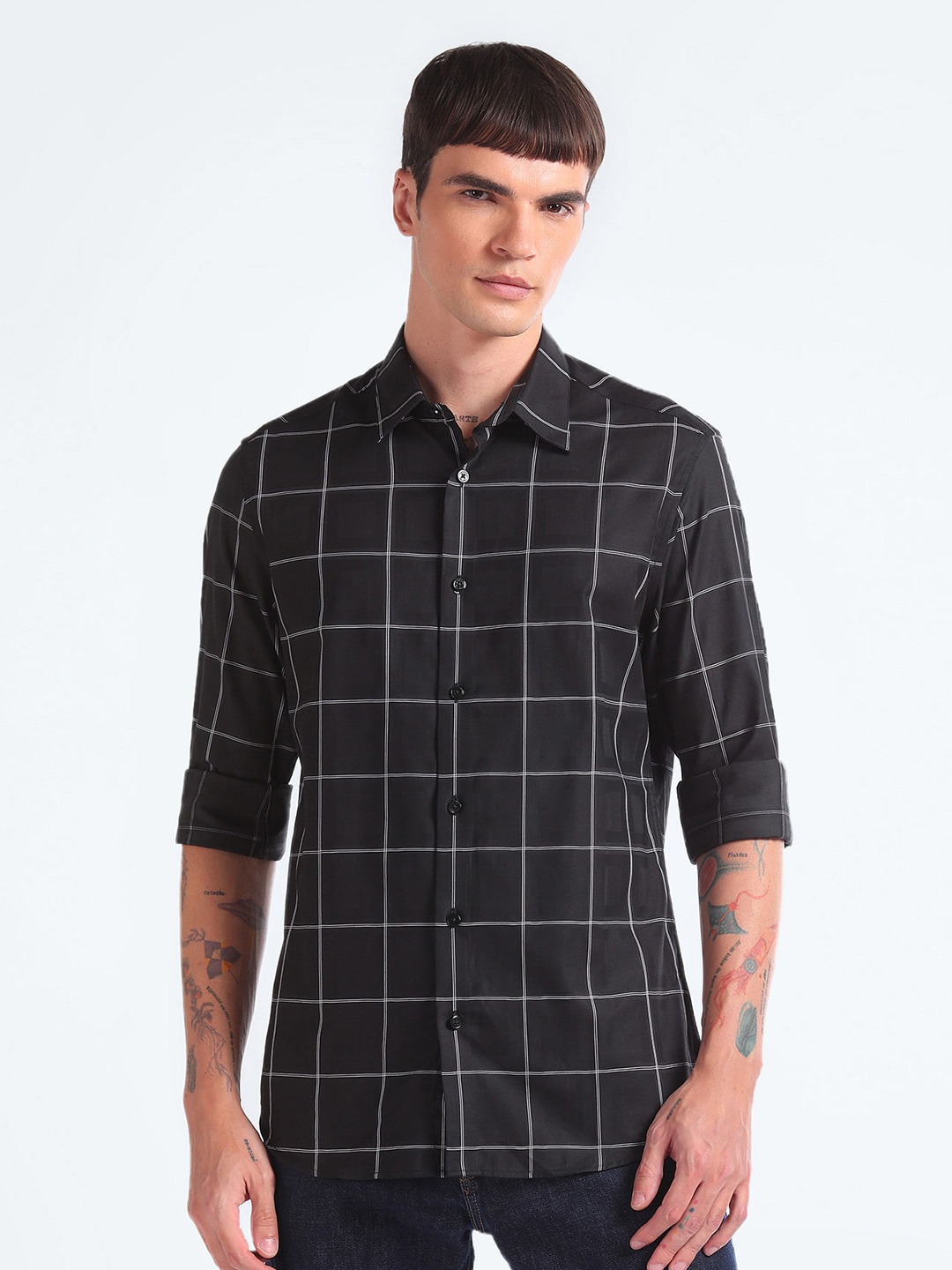 

Flying Machine Slim Fit Windowpane Checked Twill Weave Pure Cotton Casual Shirt, Black