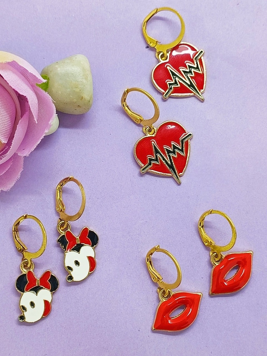 

FEMMIBELLA Set of 3 Gold-Plated Quirky Drop Earrings, Red
