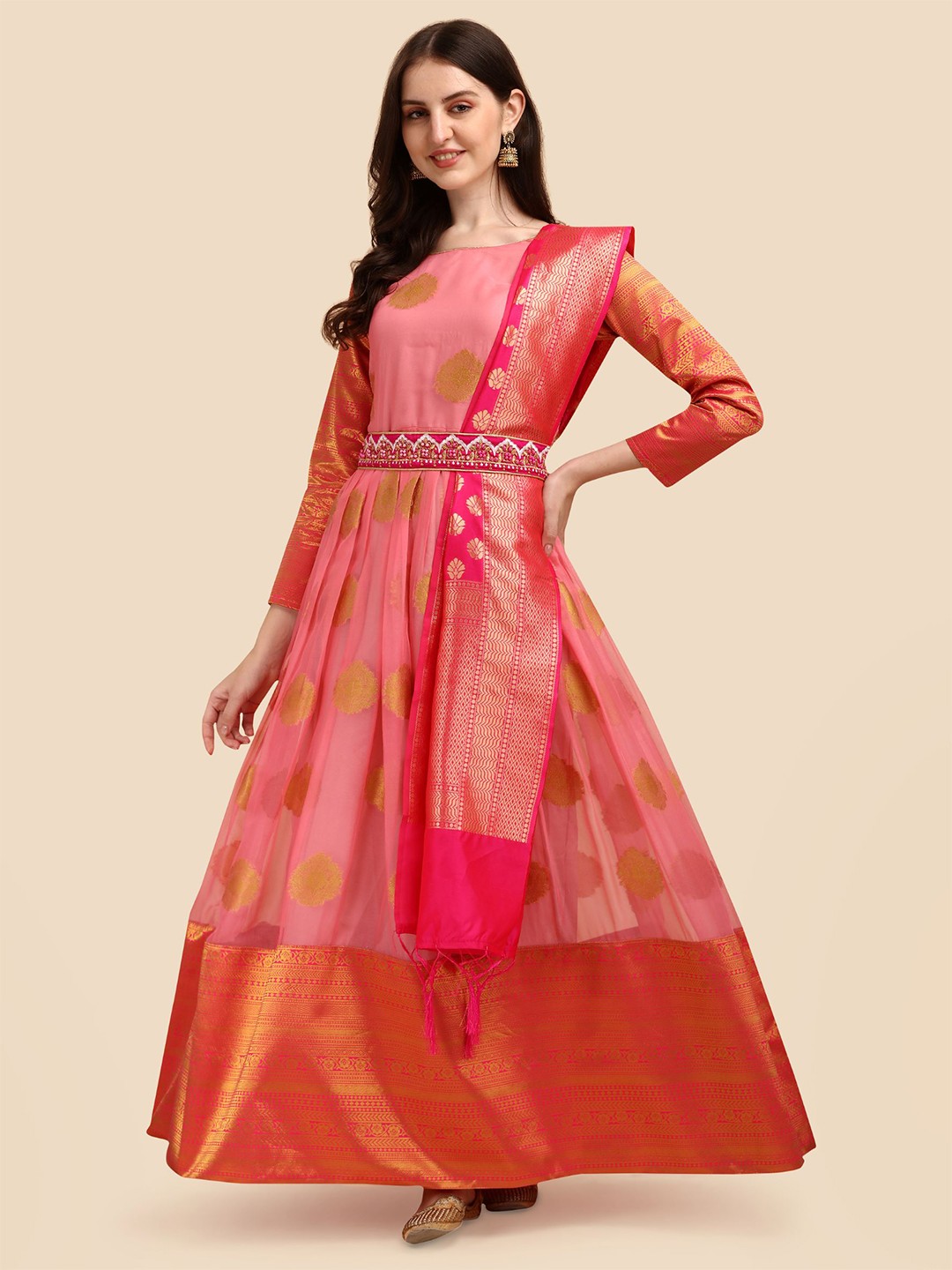

Vidraa Western Store Woven Design Jacquard Gown Maxi Ethnic Dress With Belt & Dupatta, Pink