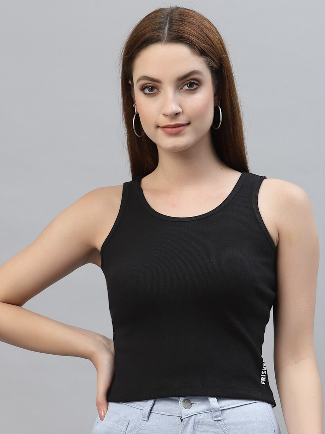 

Friskers Round Neck Sleeveless Crop Tank Top, Black