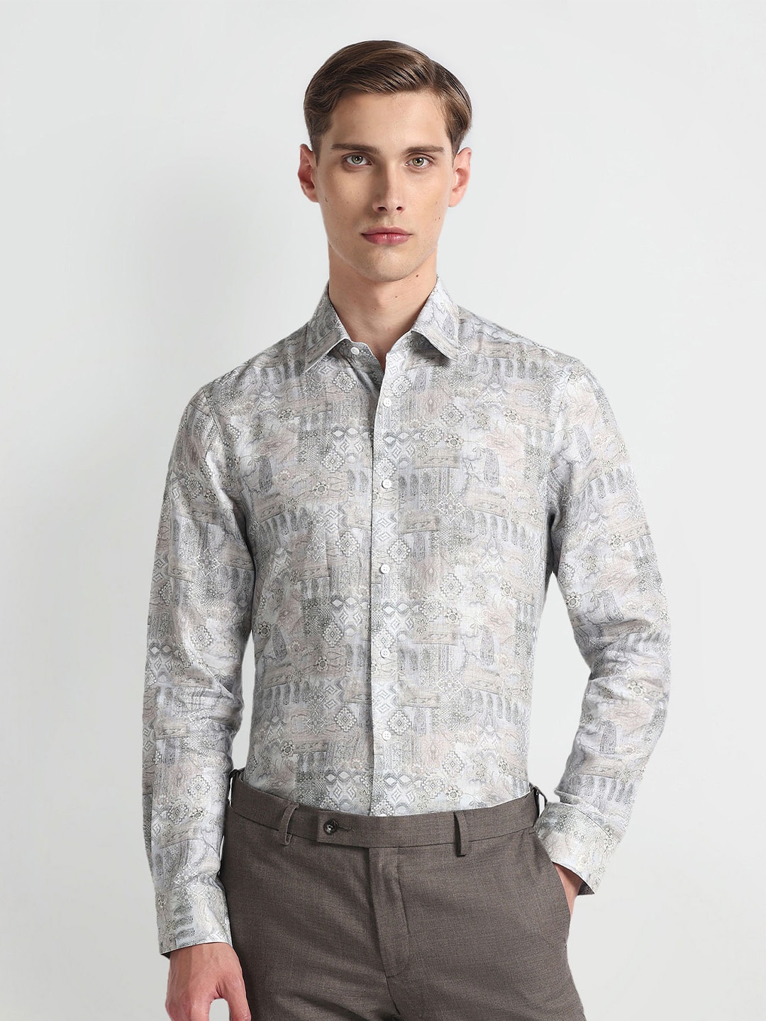 

Arrow Geometric Printed Long Sleeves Pure Cotton 1851 Formal Shirt, Green