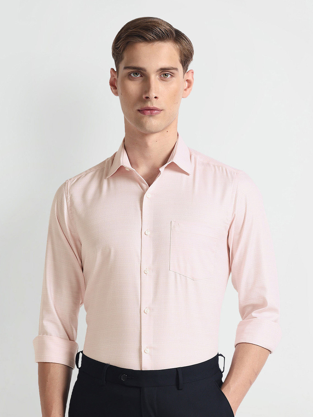

Arrow Slim Fit Textured Long Sleeves Pure Cotton Dobby Formal Shirt, Pink