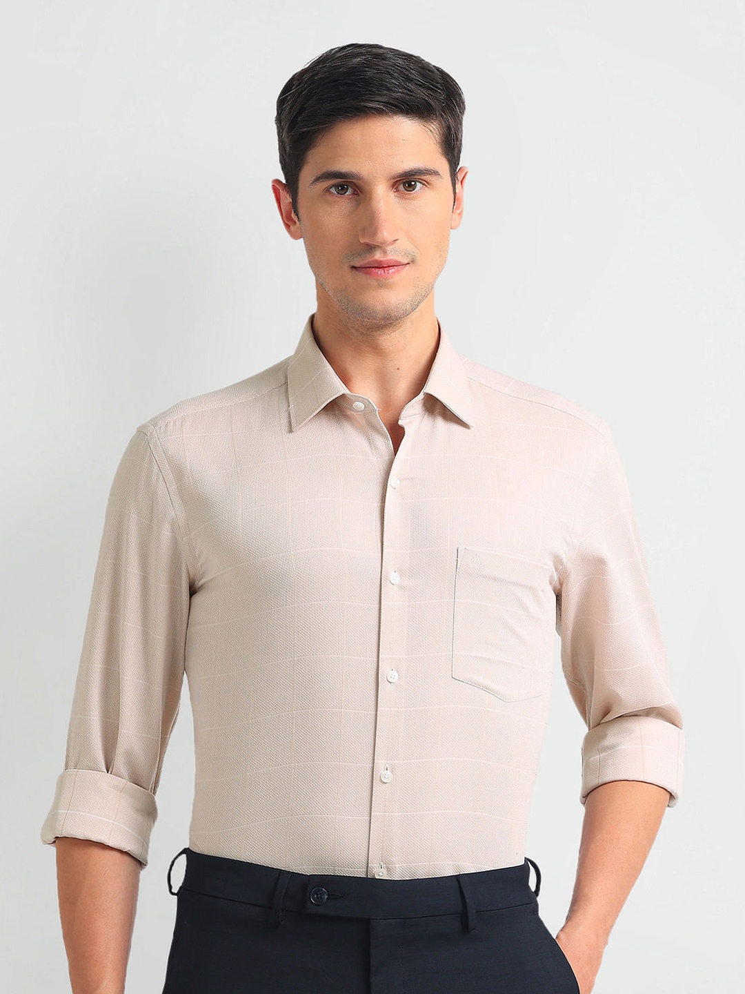

Arrow Slim Fit Checked Pure Cotton Formal Shirt, Beige