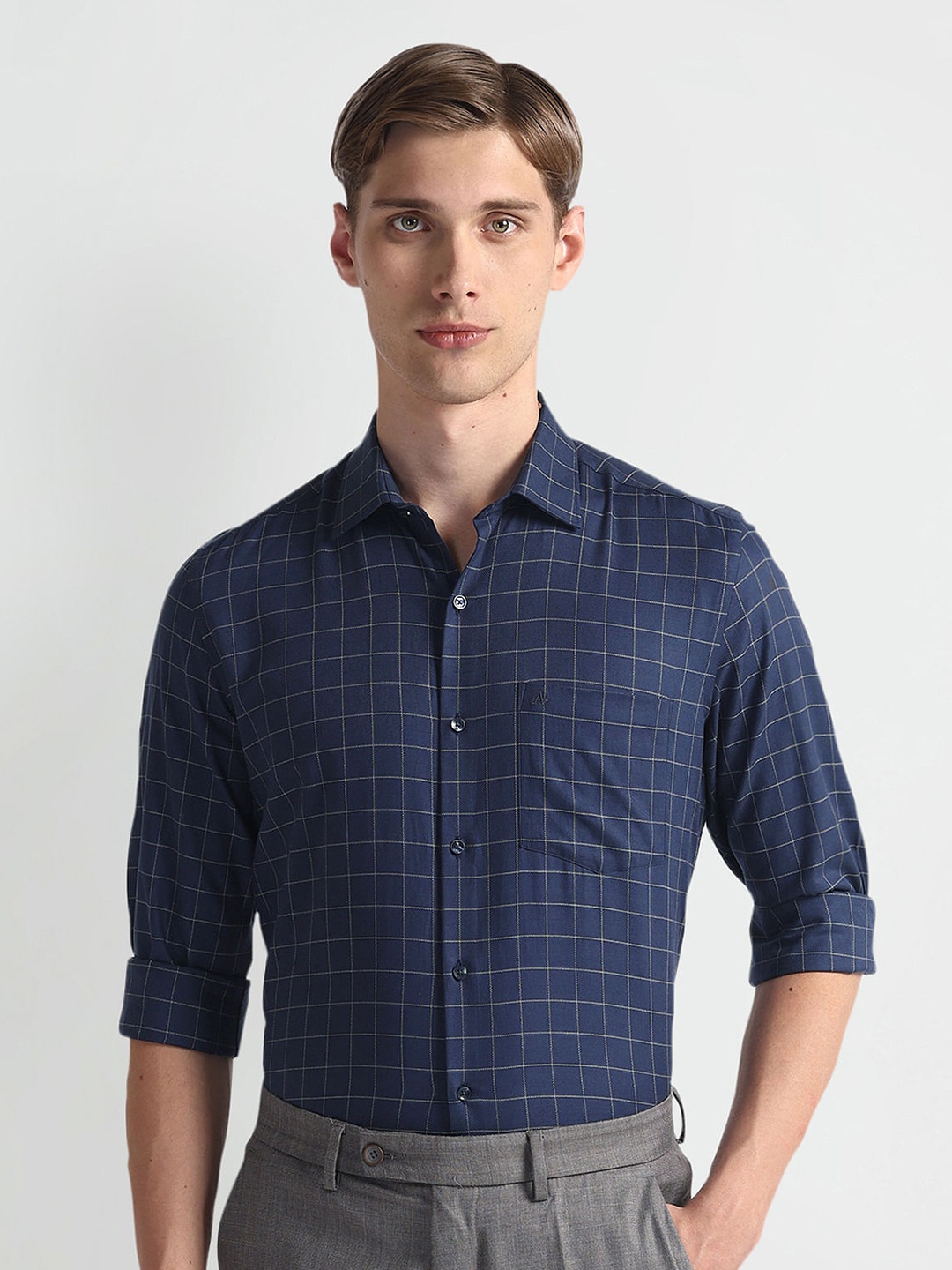 

Arrow Checked Long Sleeves Pure Cotton Twill Formal Shirt, Blue