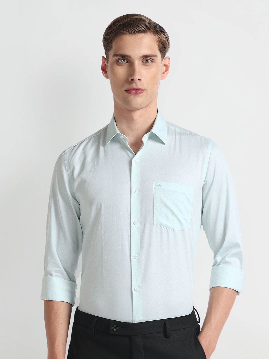 

Arrow Slim Fit Floral Printed Long Sleeves Pure Cotton Formal Shirt, Green