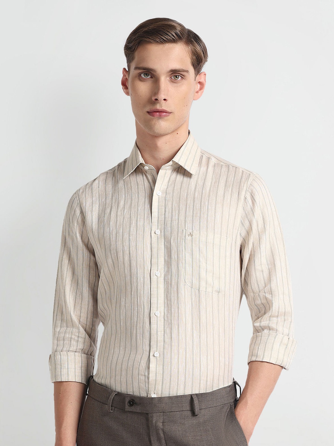 

Arrow Slim Fit Vertical Striped Pure Linen 1851 Formal Shirt, Brown