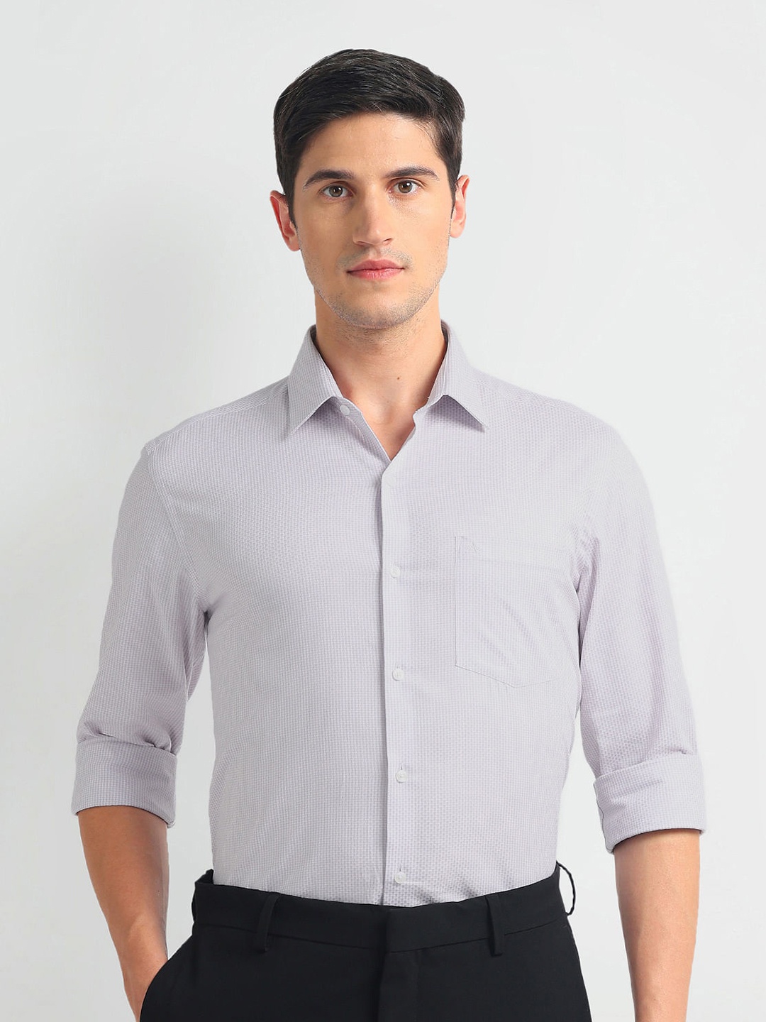 

Arrow Slim Fit Micro Checked Twill Pure Cotton Formal Shirt, Purple