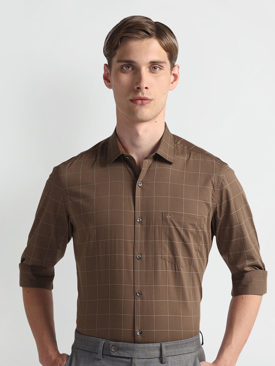 

Arrow Men Windowpane Checked Pure Cotton Autopress Formal Shirt, Brown