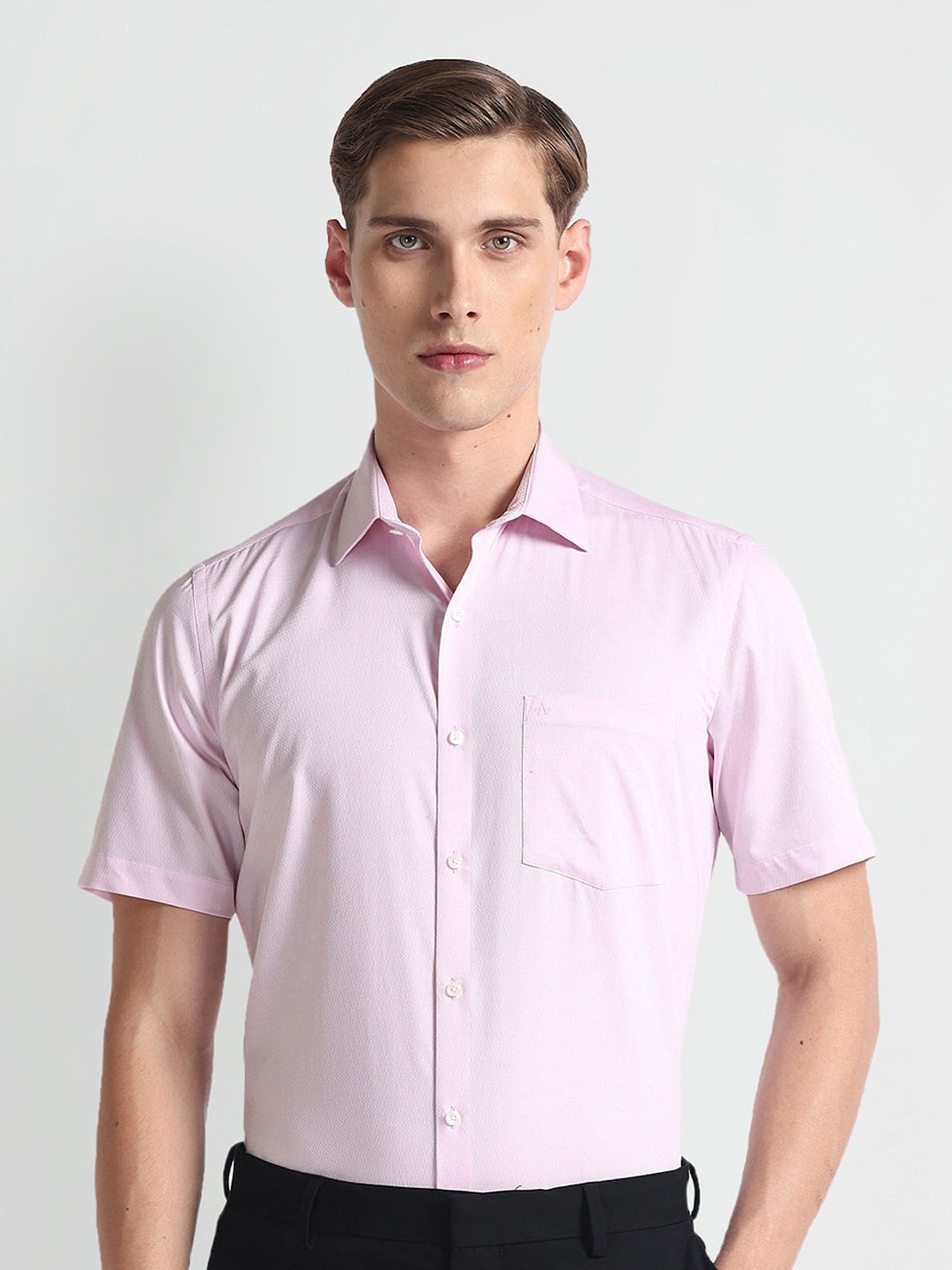 

Arrow Textured Short Sleeves Pure Cotton Formal Shirt, Pink