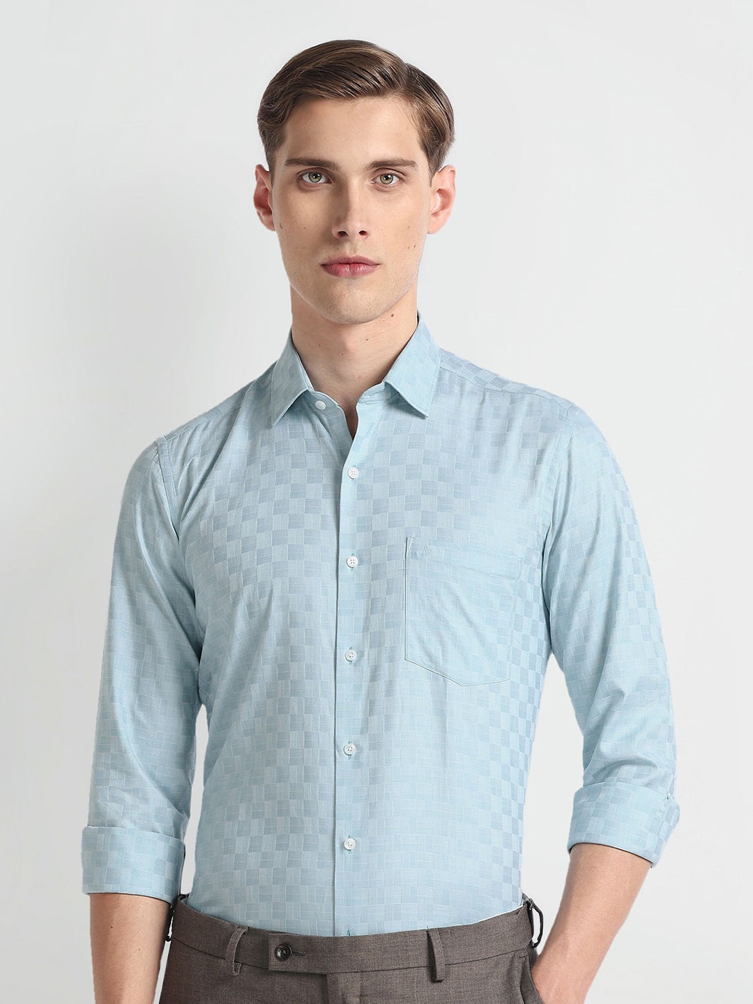 

Arrow Slim Fit Tartan Checked Dobby Weave Pure Cotton Formal Shirt, Green