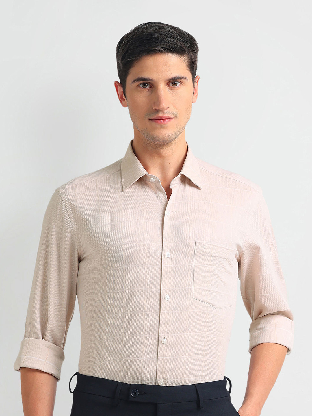

Arrow Slim Fit Windowpane Checked Pure Cotton Formal Shirt, Beige