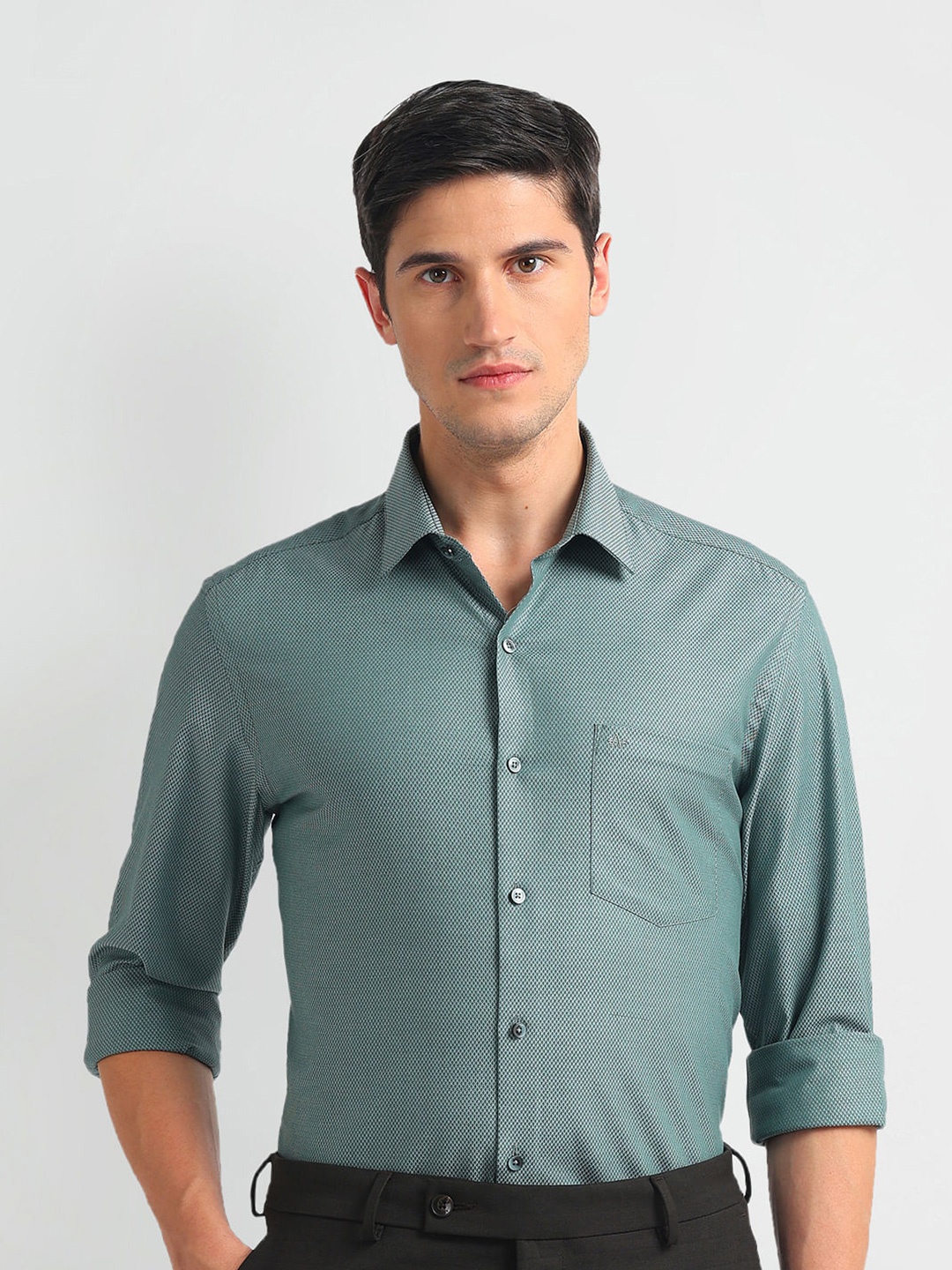 

Arrow Slim Fit Micro Ditsy Self Design Pure Cotton Formal Shirt, Green