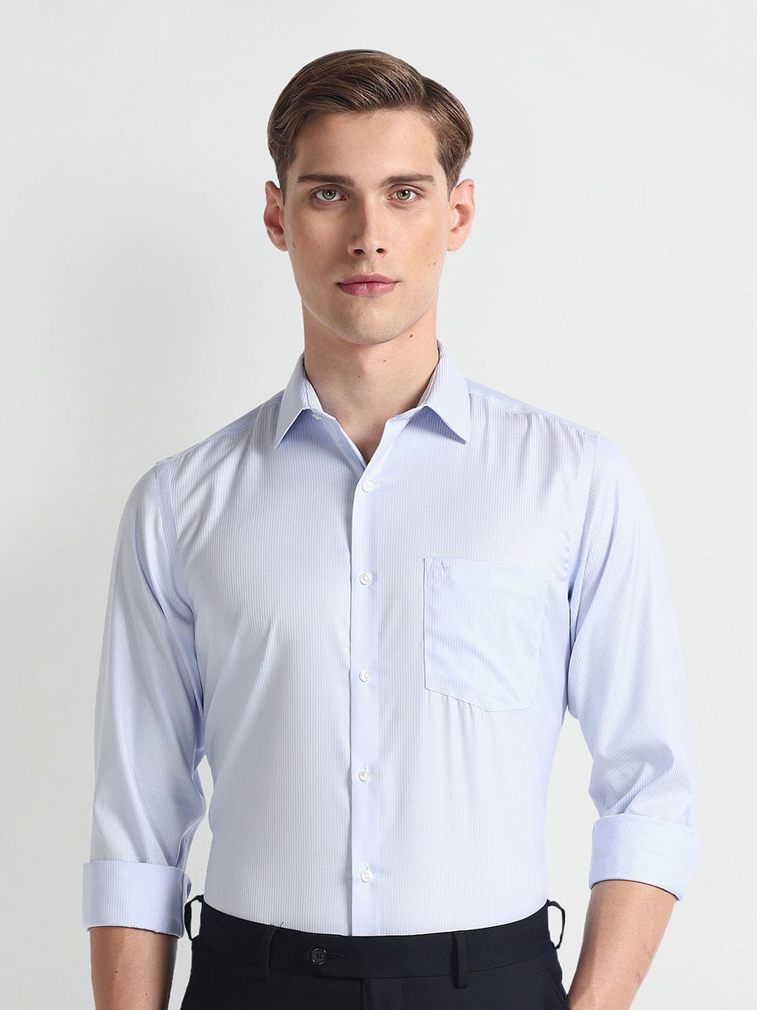 

Arrow Vertical Striped Twill Pure Cotton Autopress Formal Shirt, Blue