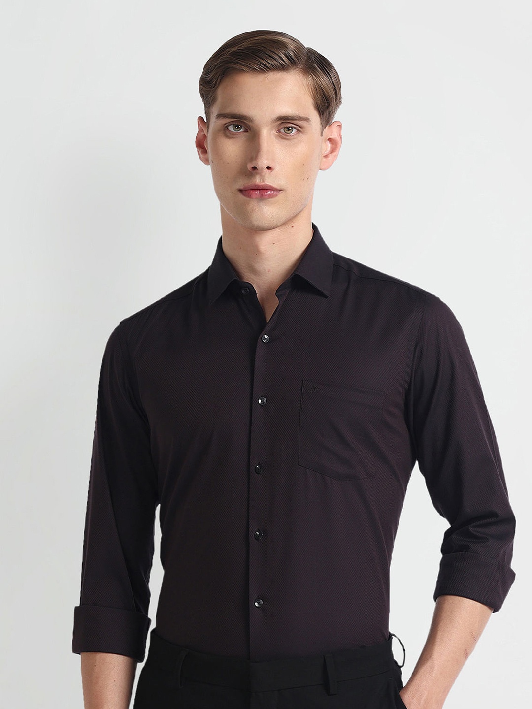 

Arrow Slim Fit Self Design Textured Spread Collar Pure Cotton Formal Shirt, Brown