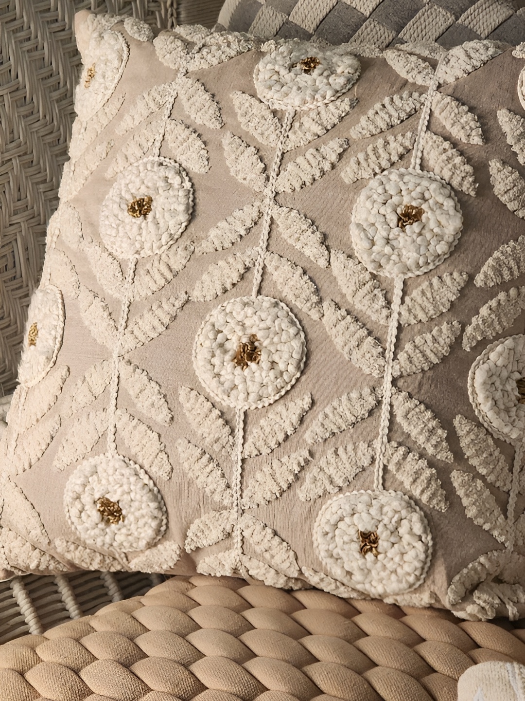 

aadyahome Beige Floral Square Cotton Cushion Cover