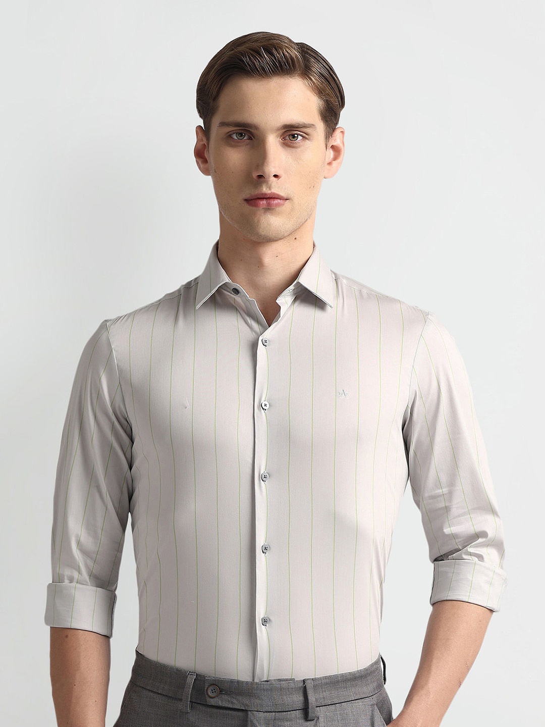 Arrow New York Slim Fit Vertical Striped Twill Weave Formal Shirt, Grey