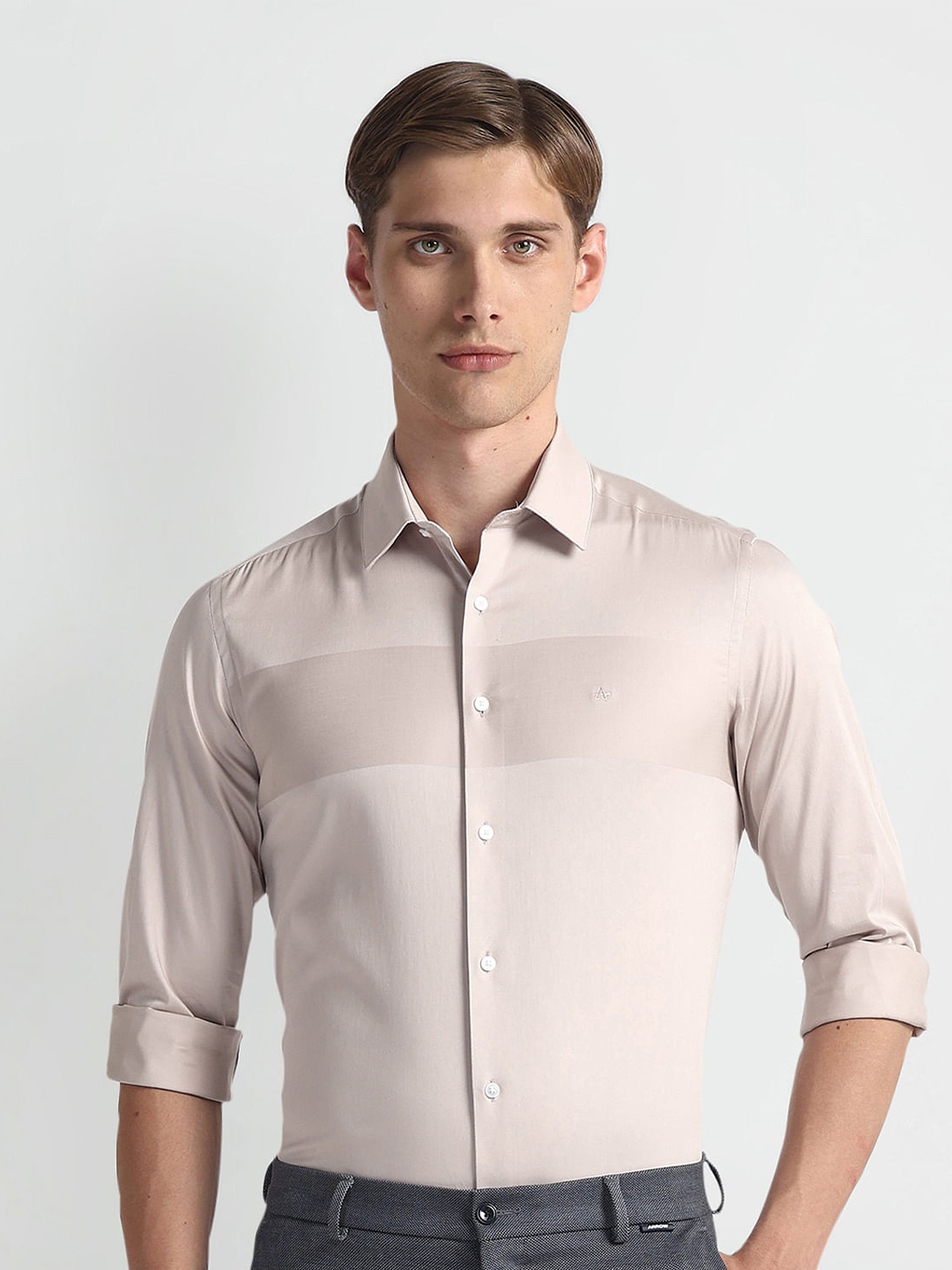 Arrow New York Slim Fit Striped Pure Cotton Formal Shirt, Beige